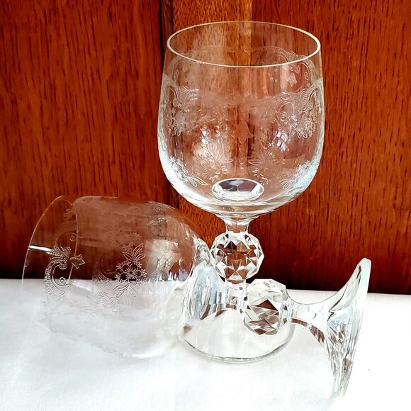 2) Cascade Etched Wine Goblet Fine Lead Crystal Import Assoc 6" Czechoslovakia - Picture 3 of 7